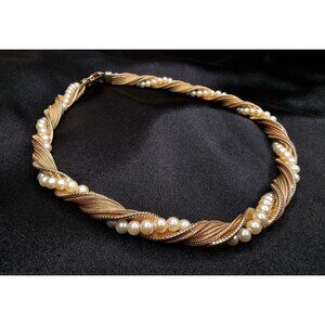 Vintage Napier Gold-Tone & Faux Pearl Twisted Necklace